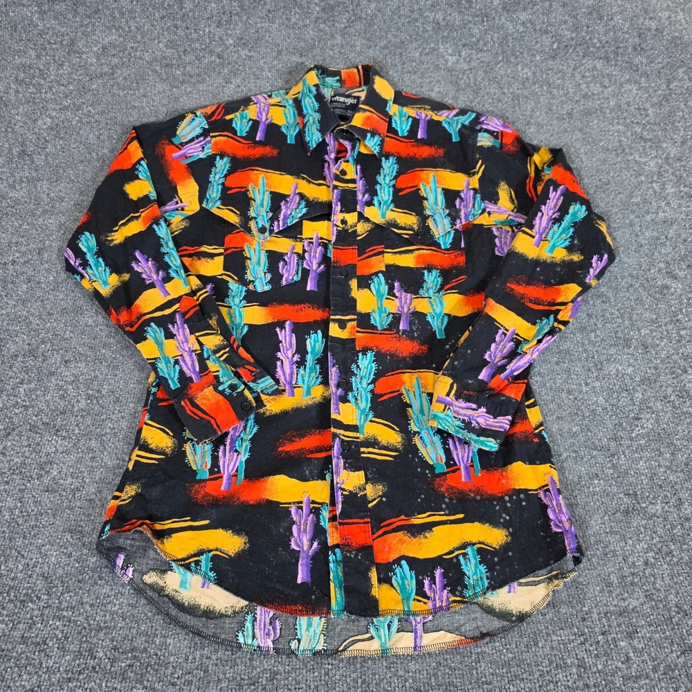 Wrangler Cowboy Cut Western Shirt Mens 15.5-34 Cactus Desert Sunset Print Black